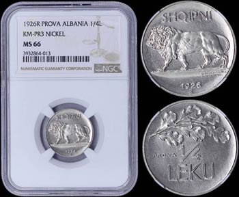 ALBANIA: 1/4 Leku (1926 R) in nickel. Obv: ... 
