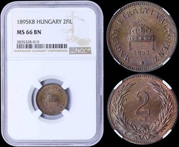 HUNGARY: 2 Filler (1895 KB) in bronze with ... 
