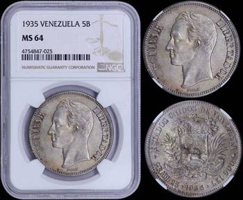 VENEZUELA: 5 Bolivares (1935) in silver ... 