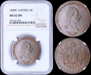 AUSTRIA: 6 Kreuzer (1800 C) in copper with ... 