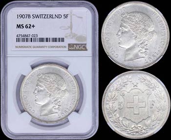 SWITZERLAND: 5 Francs (1907 B) in silver ... 