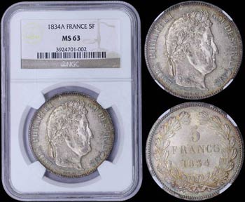 FRANCE: 5 Francs (1834 A) in silver (0,900) ... 