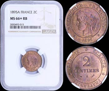 FRANCE: 2 Centimes (1895 A) in bronze with ... 