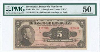 HONDURAS: 5 Lempiras (5.3.1941) in brown on ... 