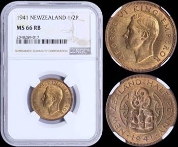 NEW ZEALAND: 1/2 Penny (1941) in bronze with ... 