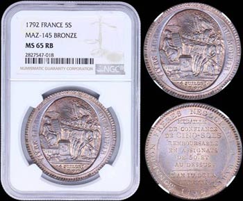 FRANCE: 5 Sols (1792) token issue in bronze ... 