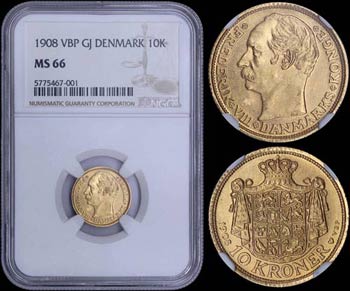 DENMARK: 10 Kroner (1908 VBP GJ) in gold ... 