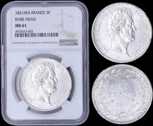 GREECE: FRANCE: 5 Francs (1831 MA) in silver ... 