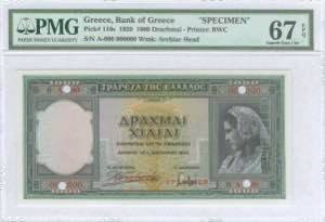 GREECE: Specimen of 1000 Drachmas (1.1.1939) ... 