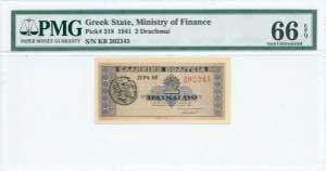GREECE: 2 Drachmas (18.6.1941) in black and ... 
