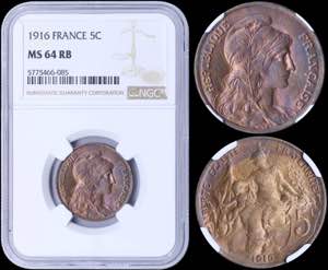 GREECE: FRANCE: 5 Centimes (1916) in bronze ... 