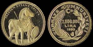 GREECE: TURKEY: 7500000 Lira (1999) in gold ... 