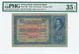 GREECE: SWITZERLAND: 20 Franken (16.9.1930) ... 