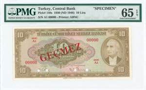 GREECE: TURKEY: Specimen of 10 Lira (Law ... 