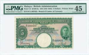 GREECE: MALAYA: 5 Dollars (1.7.1941 - ND ... 