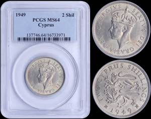 CYPRUS: 2 Shillings (1949) in copper-nickel ... 