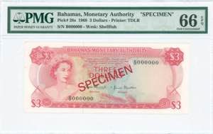 GREECE: BAHAMAS: Specimen of 3 Dollars (Law ... 