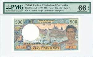GREECE: TAHITI: 500 Francs (ND 1970) in blue ... 