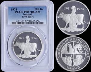 GREECE: ICELAND: 500 Kronur (1974) in silver ... 