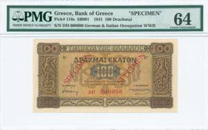 GREECE: Specimen of 100 Drachmas (10.7.1941) ... 