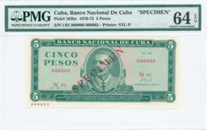 GREECE: CUBA: Specimen of 5 pesos (1970) in ... 