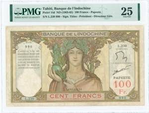 GREECE: TAHITI: 100 Francs (ND 1963-65) in ... 