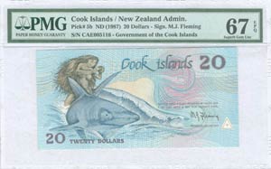 COOK ISLANDS: 20 Dollars (ND 1987) in blue, ... 
