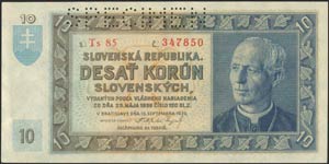 SLOVAKIA: 10 Korun (15.9.1939) in blue and ... 