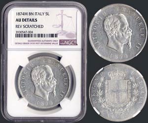 ITALY: 5 Lire (1874 M BN) in silver (0,900). ... 