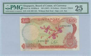 SINGAPORE: 10 Dollars (ND 1967) in red on ... 