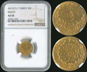 TURKEY: 50 Kurush (AH 1327/1 - 1909) in gold ... 