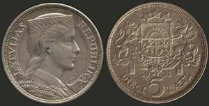 LATVIA: 5 Lati (1931) in silver (0,835). On ... 