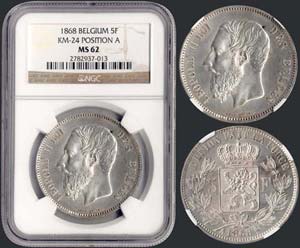 BELGIUM: 5 Francs (1868) in silver (0,900). ... 