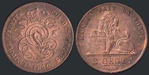 BELGIUM: 2 Centimes (1846) in copper with ... 