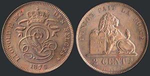 BELGIUM: 2 Centimes (1870) in copper. Obv: ... 