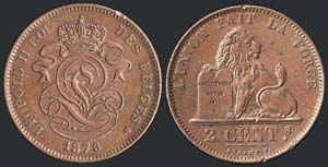 BELGIUM: 2 Centimes (1873) in copper. Obv: ... 