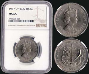 100 Mils (1957) in copper-nickel. Obv: ... 