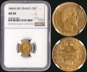 FRANCE: 5 Francs (1860 A) in gold (0,900). ... 