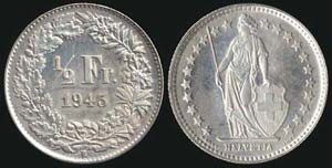 SWITZERLAND: 1/2 Franc (1943 B) in silver ... 
