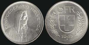 SWITZERLAND: 5 Francs (1967 B) in silver ... 