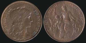 FRANCE: 5 Centimes (1914) in bronze. Obv: ... 