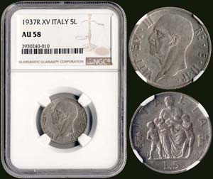ITALY: 5 Lire (1937 R) (Year XV) in silver. ... 