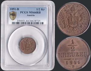 AUSTRIA: 1/2 Kreuzer (1851 B) in copper with ... 