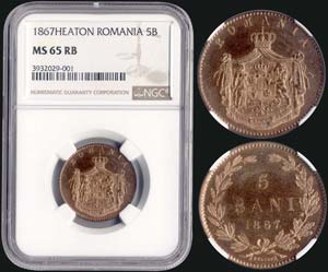 ROMANIA: 5 Bani (1867 HEATON) in copper. ... 