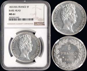 FRANCE: 5 Francs (1831 MA) in silver. ... 