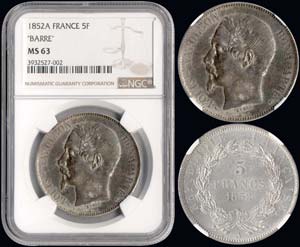 France: 5 Francs (1852 A) in silver. Paris ... 