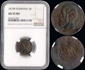 ROMANIA: 2 Bani (1879 B) in copper. Inside ... 