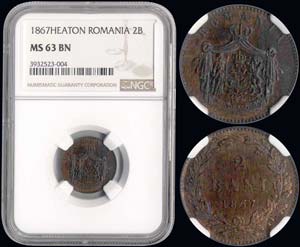 ROMANIA: 2 Bani (1867 HEATON) in copper. ... 