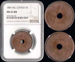 BELGIAN CONGO: 5 Centimes (1887) in copper. ... 