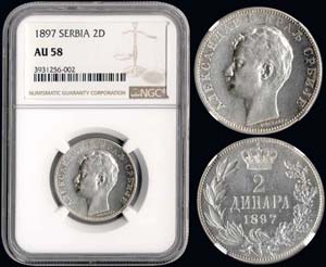 SERBIA: 2 Dinara (1897) in silver (0,835). ... 